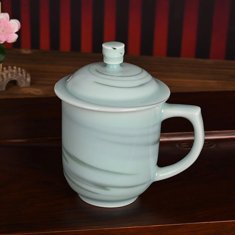 精品青瓷绞胎杯纯手工杯办公喝茶水杯陶瓷带盖大茶杯有签名带证书