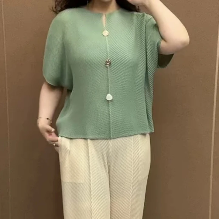 三扣褶皱丝大码200斤小衫女装高弹力显瘦遮肚时尚百搭气质夏季