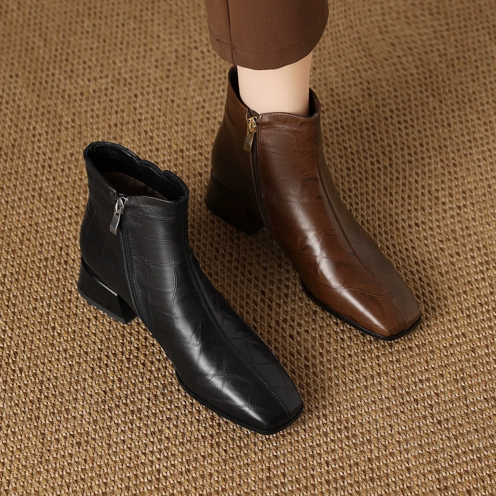 1802-1短靴女新款中跟方头真皮大码中老年粗跟女士单靴