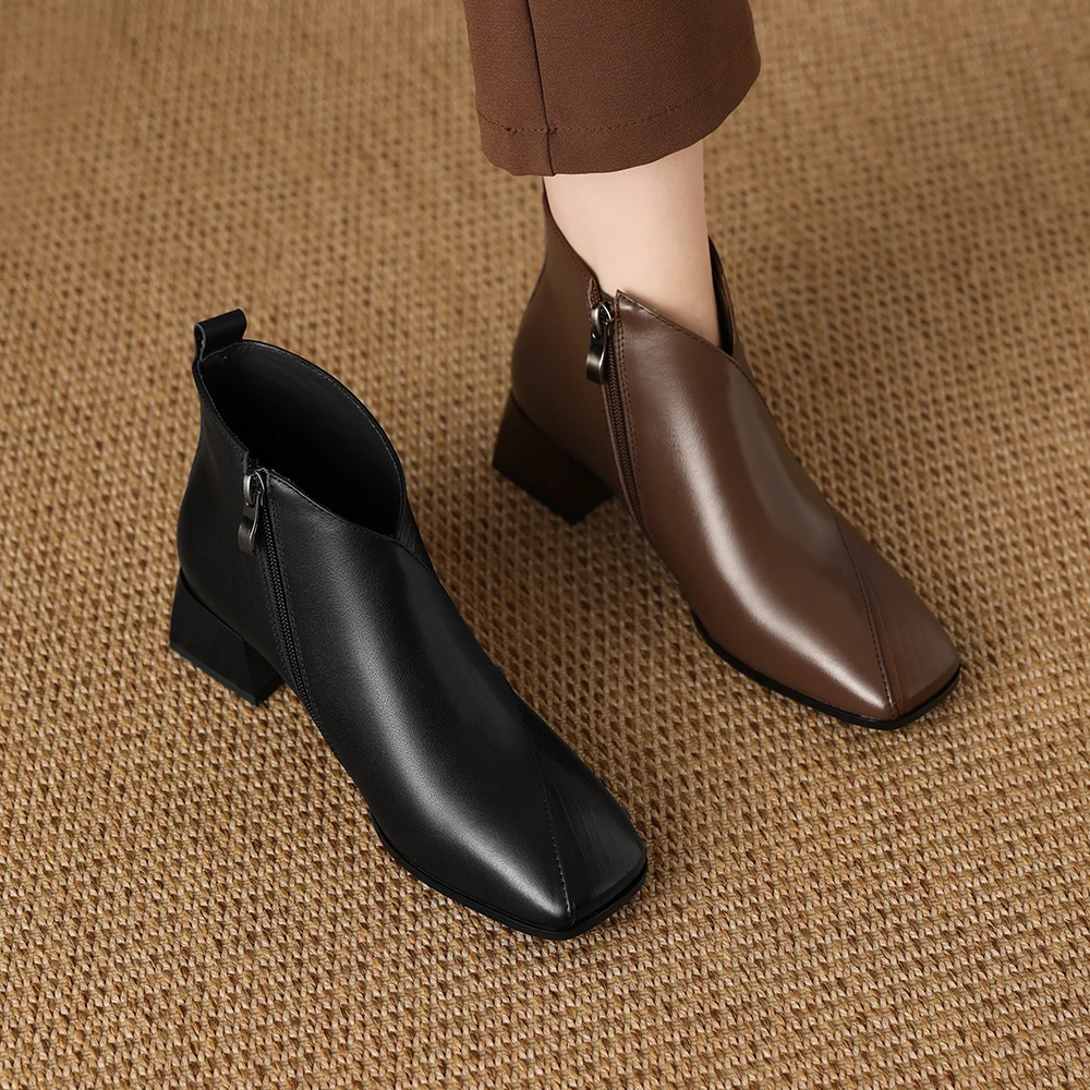 1832-6短靴秋冬季新款粗跟中跟妈妈鞋法式复古真皮大码女鞋靴子