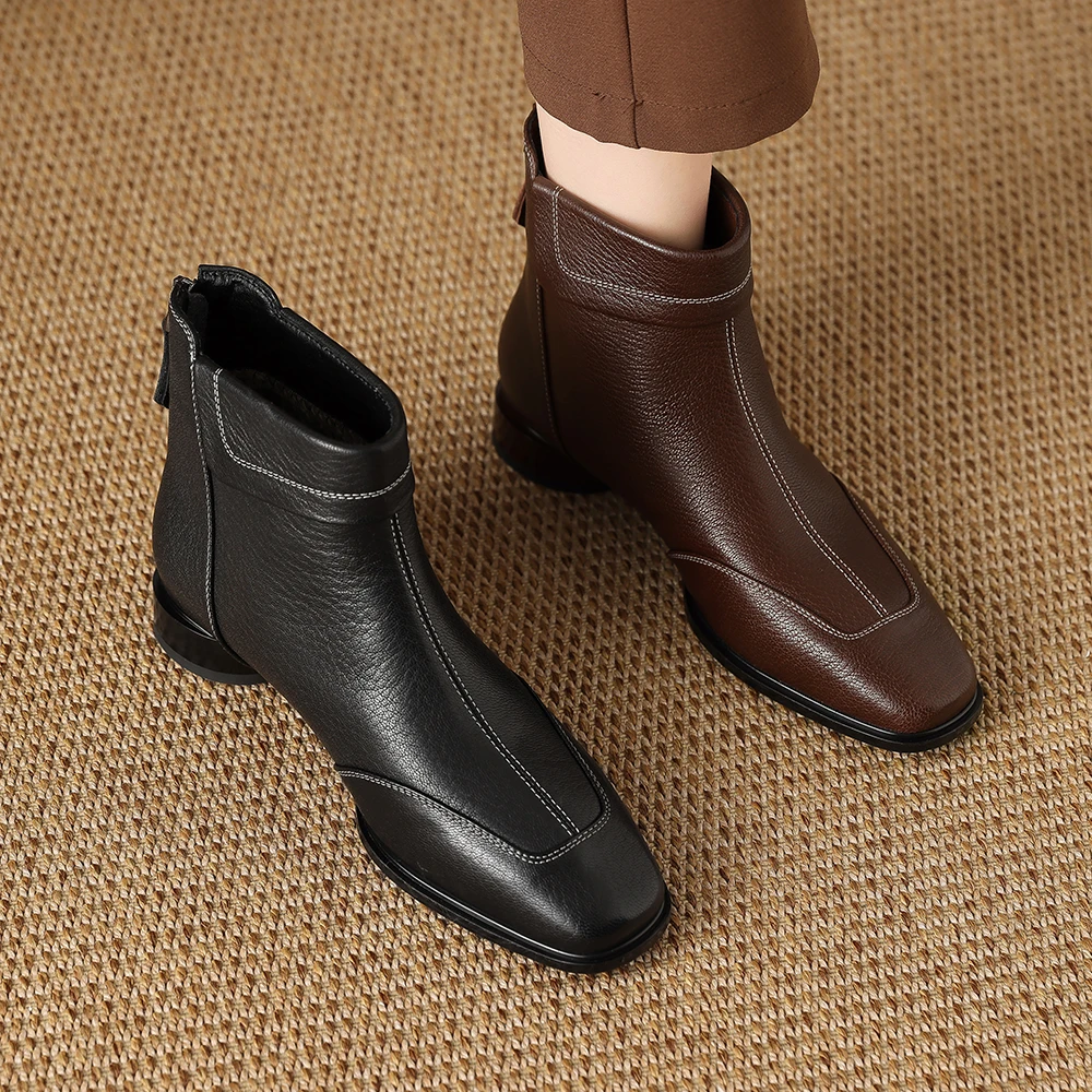 1813-2短靴女真皮2024秋冬季新款粗跟中跟短靴法式复古羊皮靴子