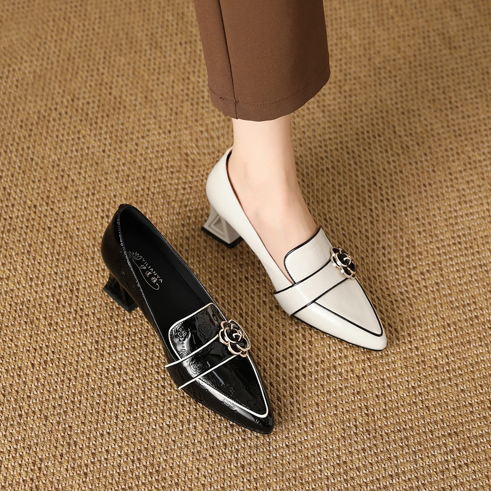 Y2603春季新款中跟女单鞋舒适漆皮粗跟真皮女鞋时尚跟鞋