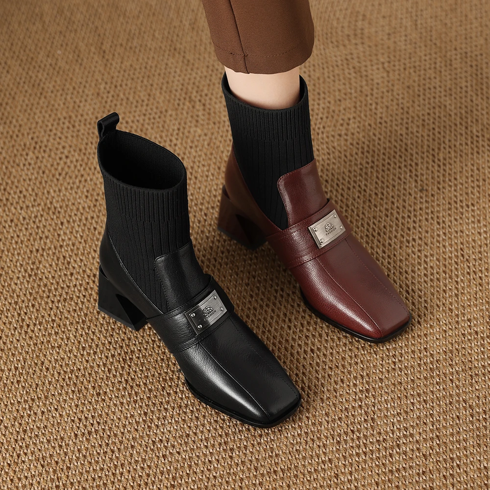 Z3210短靴毛线筒靴2024秋冬季新款粗跟方头中跟大码女鞋真皮靴子