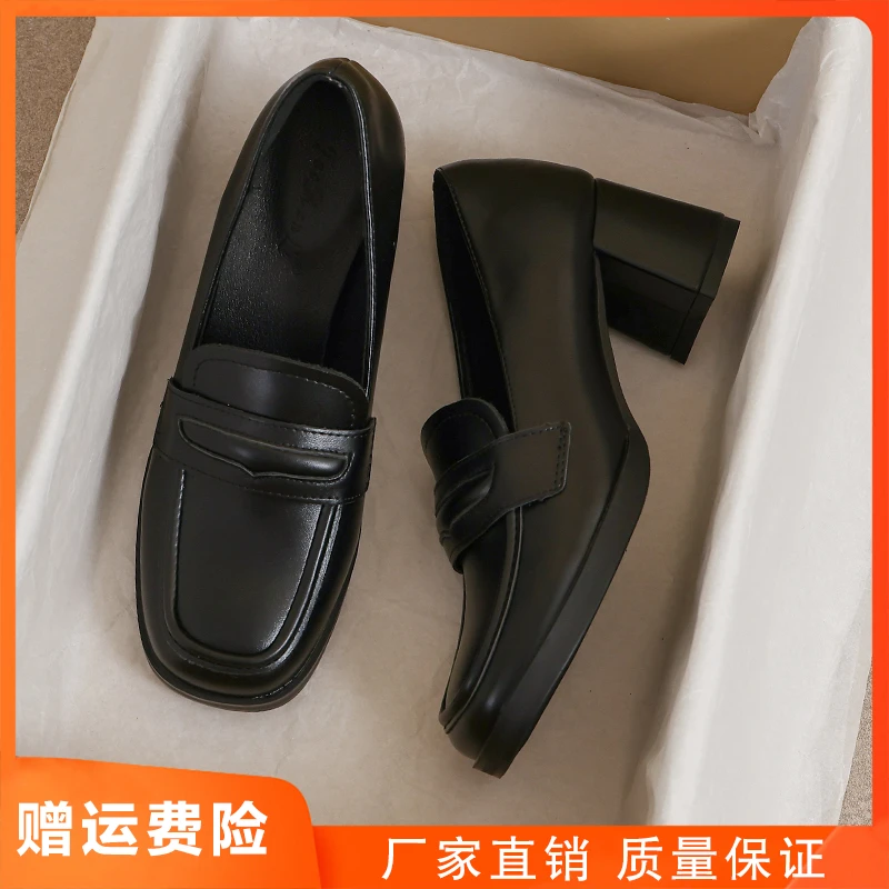 小皮鞋女2025新款春秋季英伦风小黑色真皮高跟百搭软底34码乐福鞋