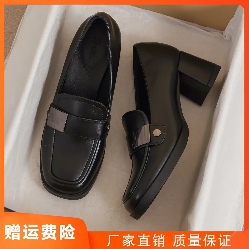 小皮鞋女春秋季英伦风久站黑色真皮高跟舒适工作34码不累脚乐福鞋