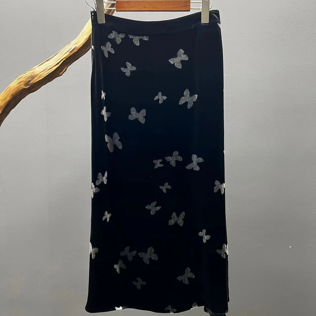 【墨枝】2024冬新款清冷感新中式重磅真丝丝绒高腰直筒半身裙A287