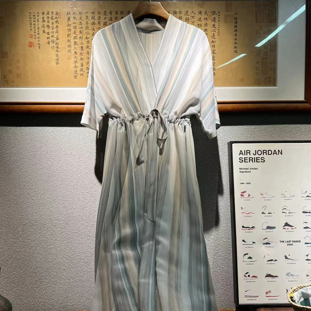 墨枝 气质时尚条纹通勤桑蚕丝连衣裙D9009306