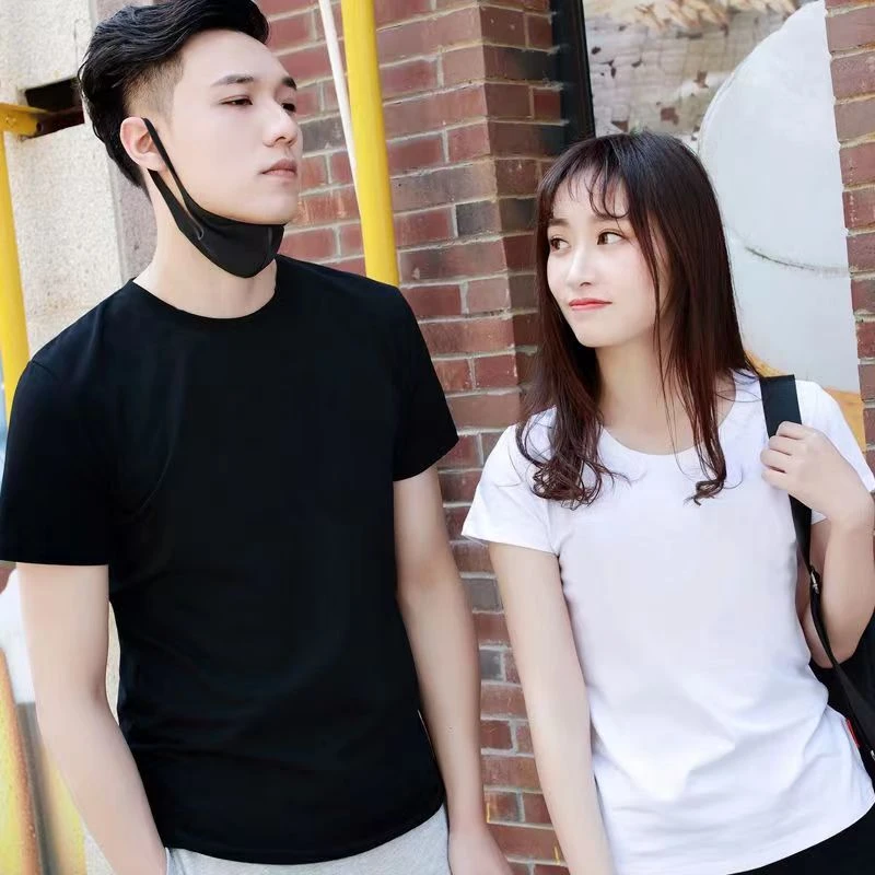 情侣纯棉T恤2024新款纯色简约百搭双纱短袖男女同款春夏圆领宽松