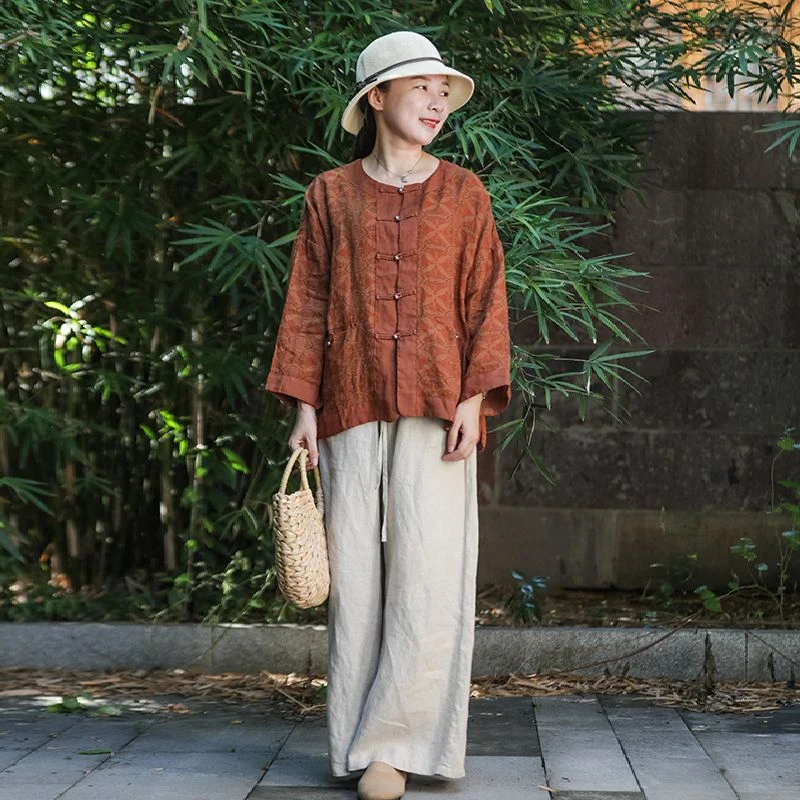 中国风纯亚麻上衣女早秋新品复古印花短外套中式文艺民族风茶艺服
