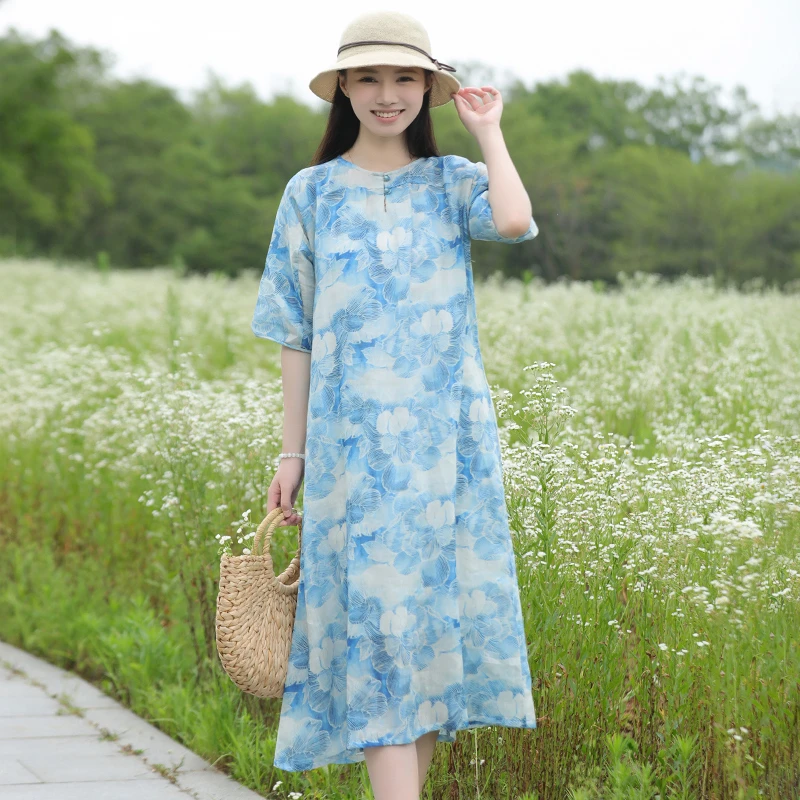 乱在江南复古文艺夏季苎麻连衣裙彩绘印花长裙出游气质中袖A裙子