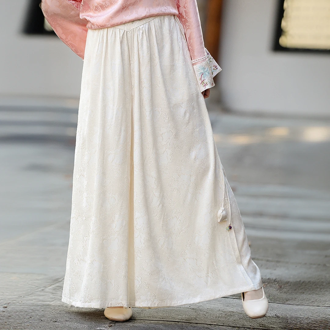 秋季文艺暗纹提花气质刺绣阔腿裤新中式复古纯色休闲大裤摆女长裤