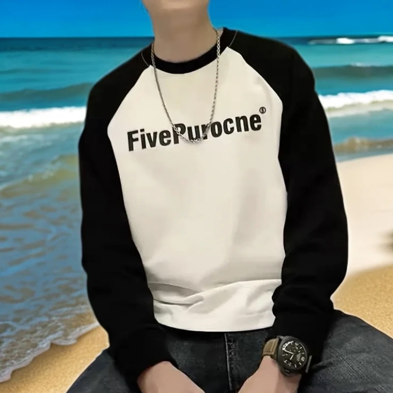 秋冬保暖长袖圆领T恤男士宽松大码插肩撞色卫衣时尚休闲百搭潮流