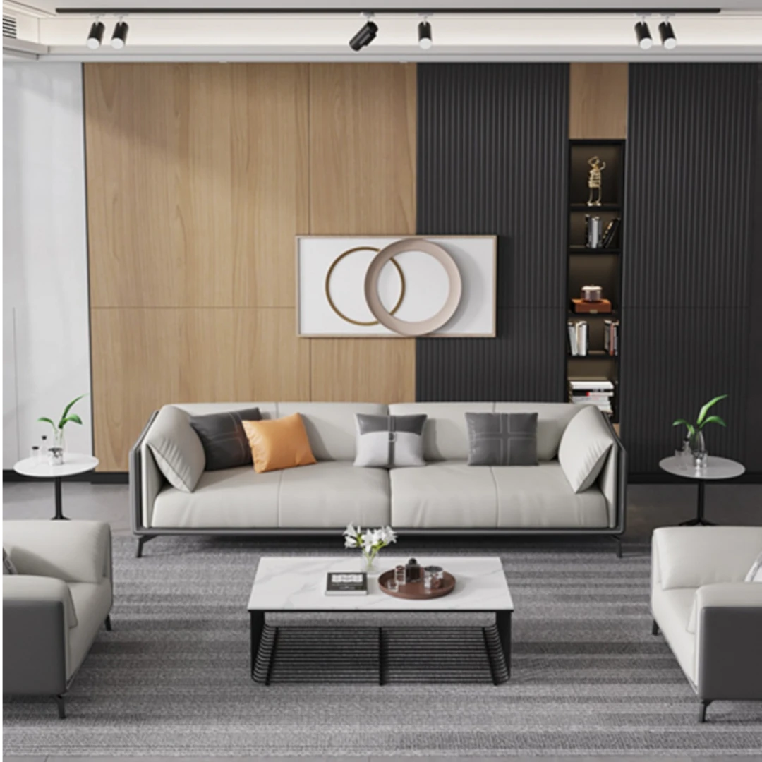 金鸾办公室沙发意式轻奢真皮三人位简约茶几套装培训机构办公沙发