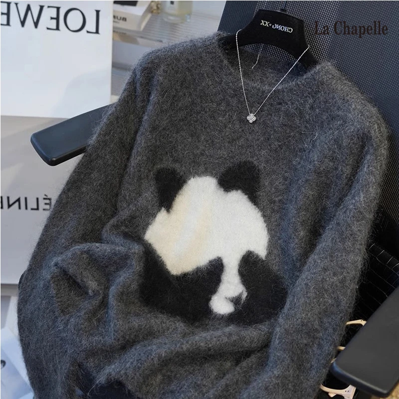 拉夏贝尔卡通熊猫刺绣针织衫秋冬季百搭新款打底毛衣女宽松上衣