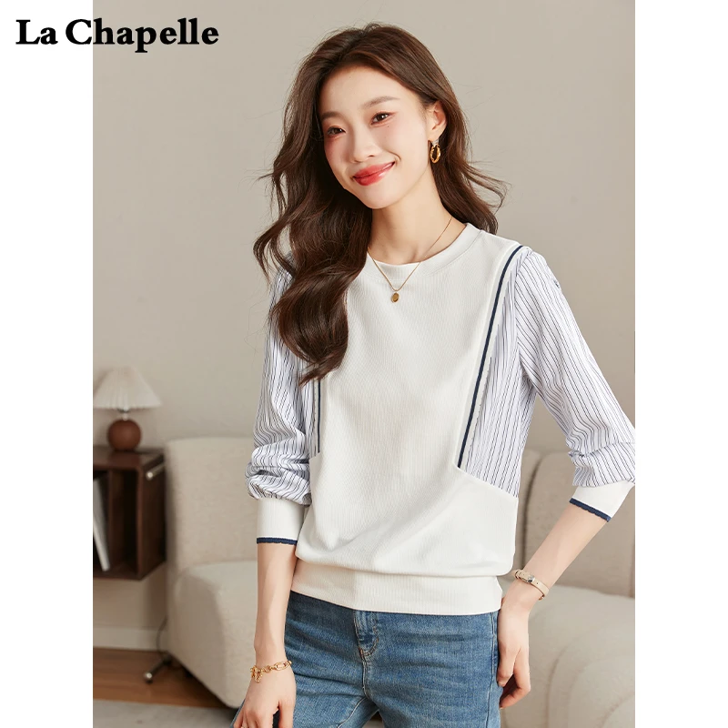 拉夏贝尔假两件复古条纹卫衣女春季新款设计感宽松休闲圆领上衣