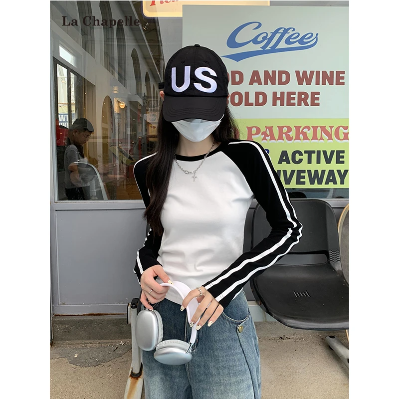 拉夏贝尔撞色复古插肩长袖T恤打底衫女春秋新款修身显瘦内搭上衣