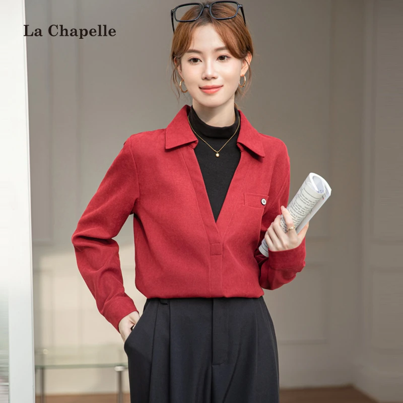 拉夏贝尔叠穿假两件半高领衬衫女秋冬通勤职业打底磨毛内搭衬衣
