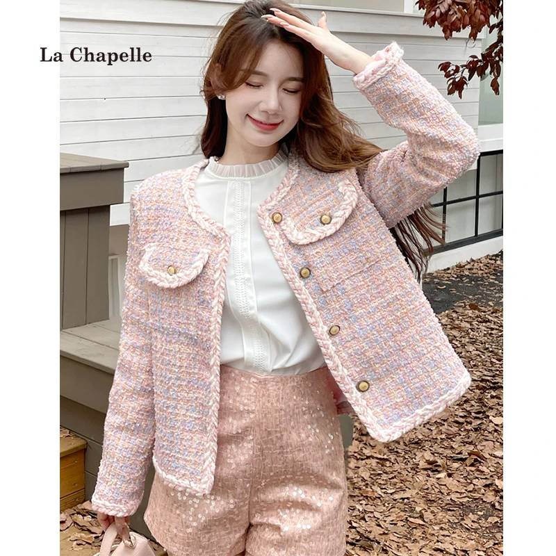 拉夏贝尔小香风外套女装秋冬韩系甜美名媛风减龄粗花呢短款上衣