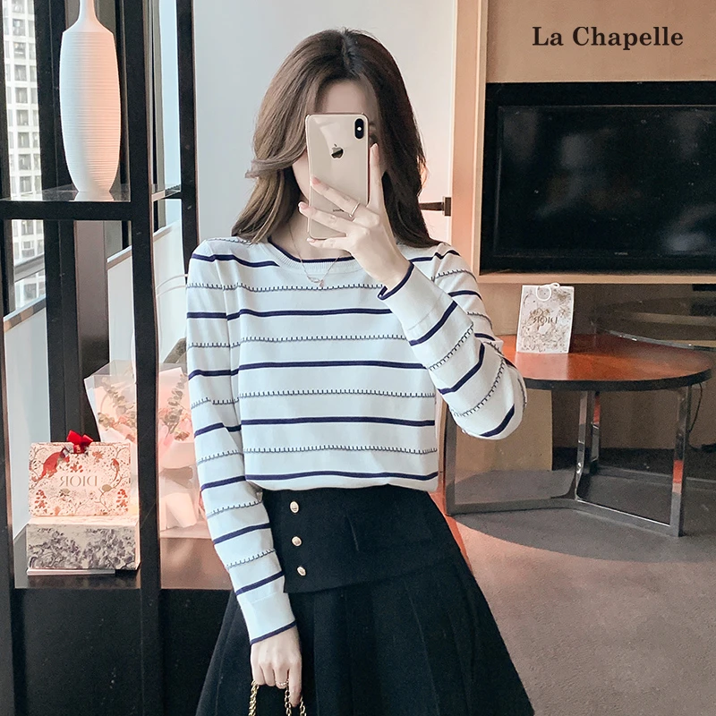 拉夏贝尔条纹针织打底衫秋冬2025新款时尚洋气爆款内搭毛衣上衣
