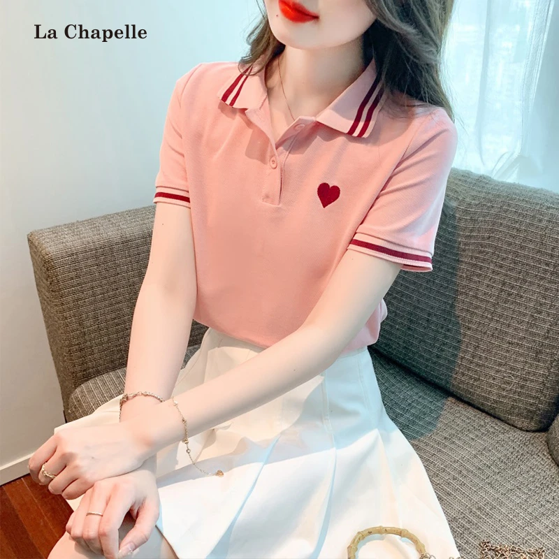 拉夏贝尔POLO领纯棉白色短袖T恤女2025洋气百搭显瘦甜美小衫