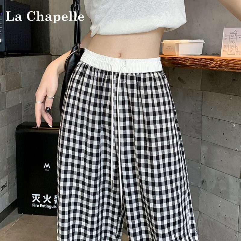 拉夏贝尔黑色冰丝格子阔腿裤女夏季百搭新款慵懒风高腰显瘦直筒裤
