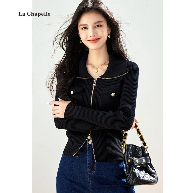 拉夏贝尔翻领针织开衫女秋冬新款设计感打底小香风修身毛衣外套