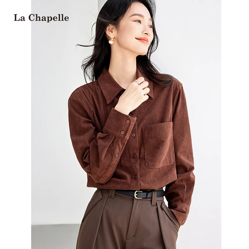 拉夏贝尔美拉德风棕色条纹衬衣女2024秋冬新款休闲气质衬衣上衣