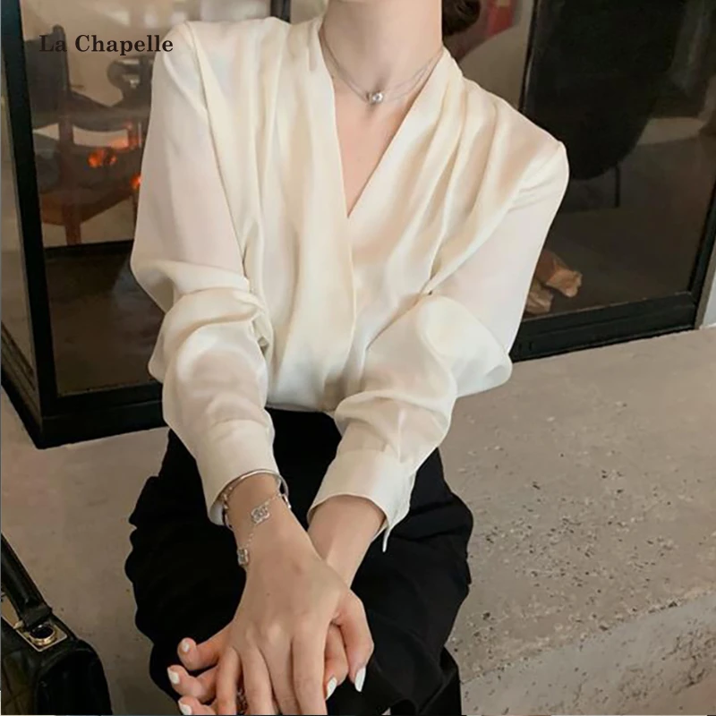 拉夏贝尔醋酸缎面衬衫女通勤正装上衣设计感小众职业装高级感衬衣