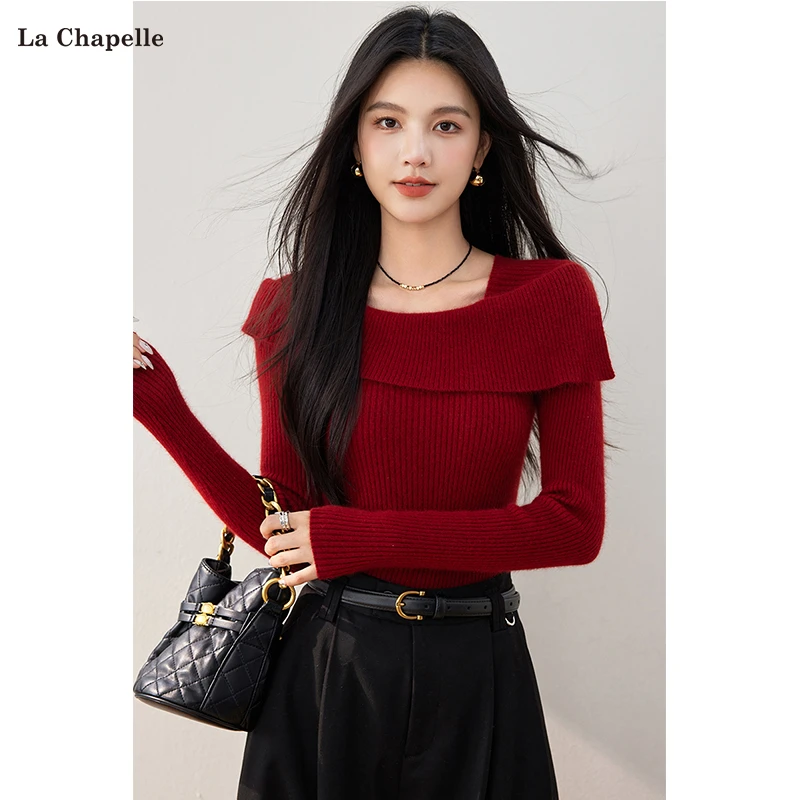 拉夏贝尔秋冬季穿搭红色毛衣法式修身毛衣一字肩针织衫毛衫上衣女