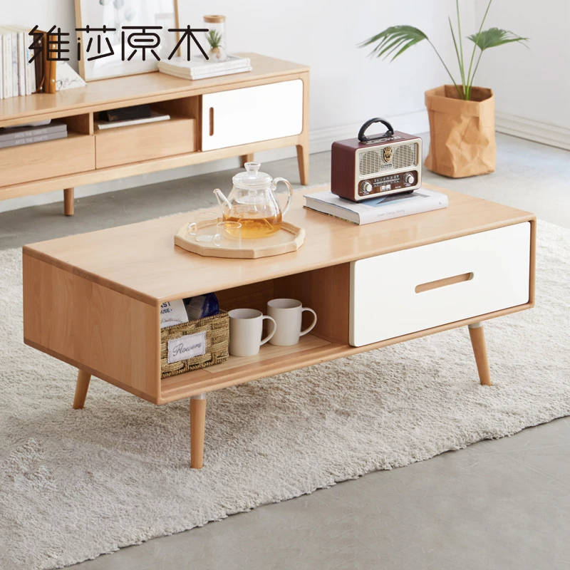 维莎实木茶几北欧移门欧洲双层榉木现代简约客厅家用茶水桌F02002