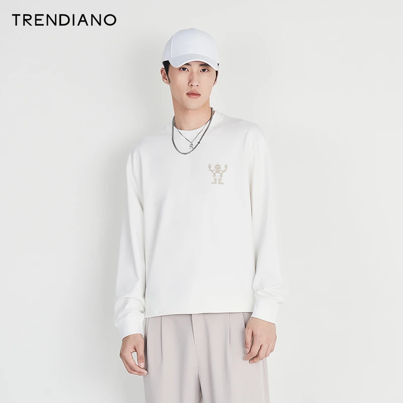 TRENDIANO官方潮牌男装秋季新款圆领白色长袖卫衣套头时尚男印花