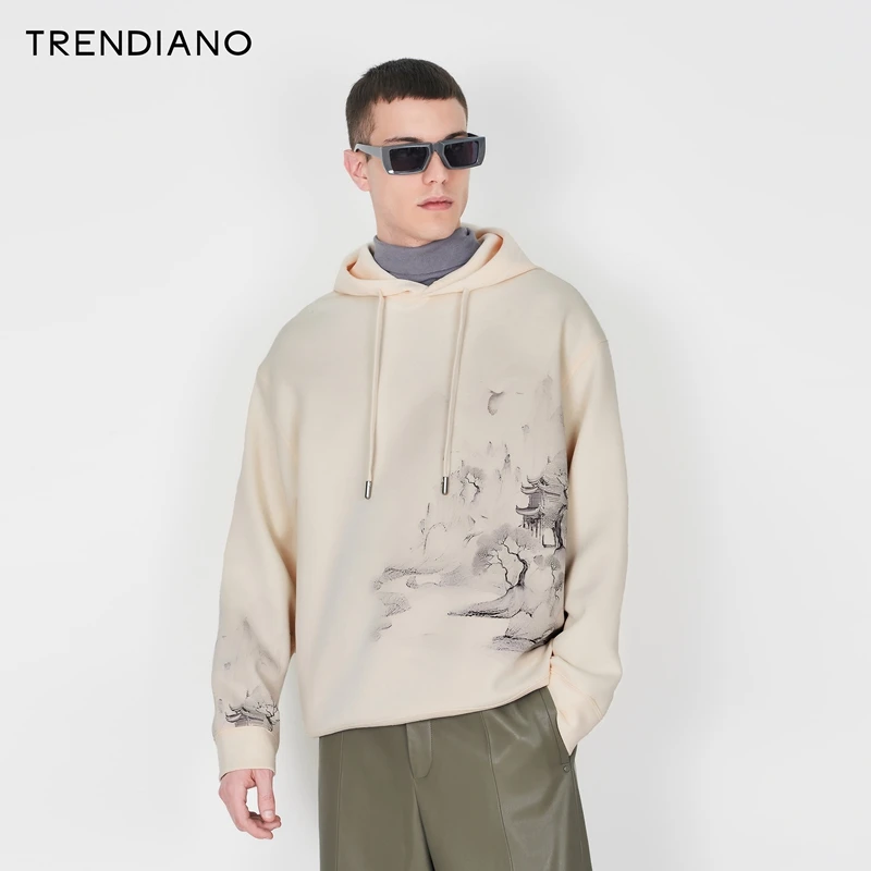 TRENDIANO官方国风仙鹤编织印花休闲连帽卫衣男士时尚新款冬季