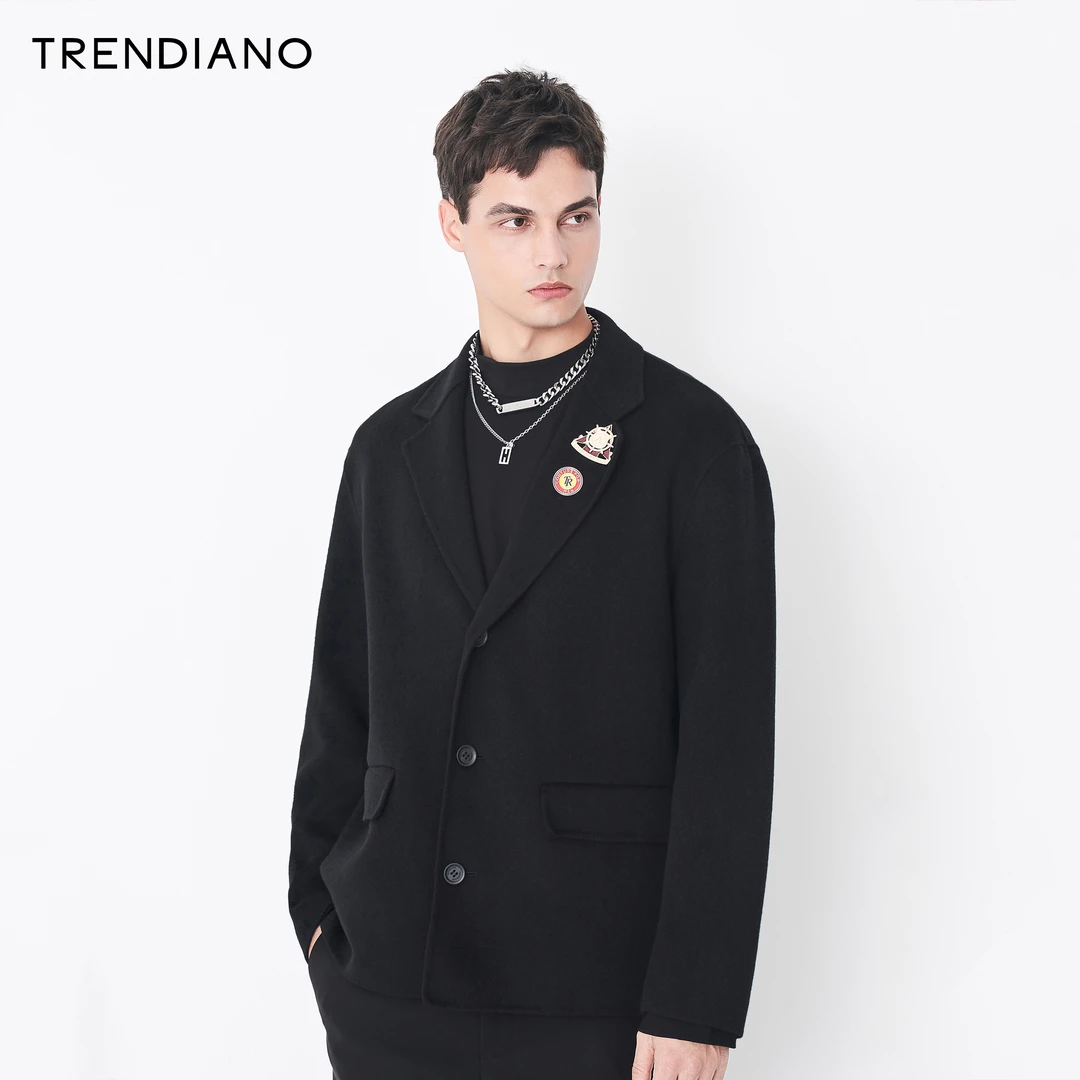 TRENDIANO潮牌秋冬可拆卸胸针西装领休闲短款毛呢大衣男商务外套