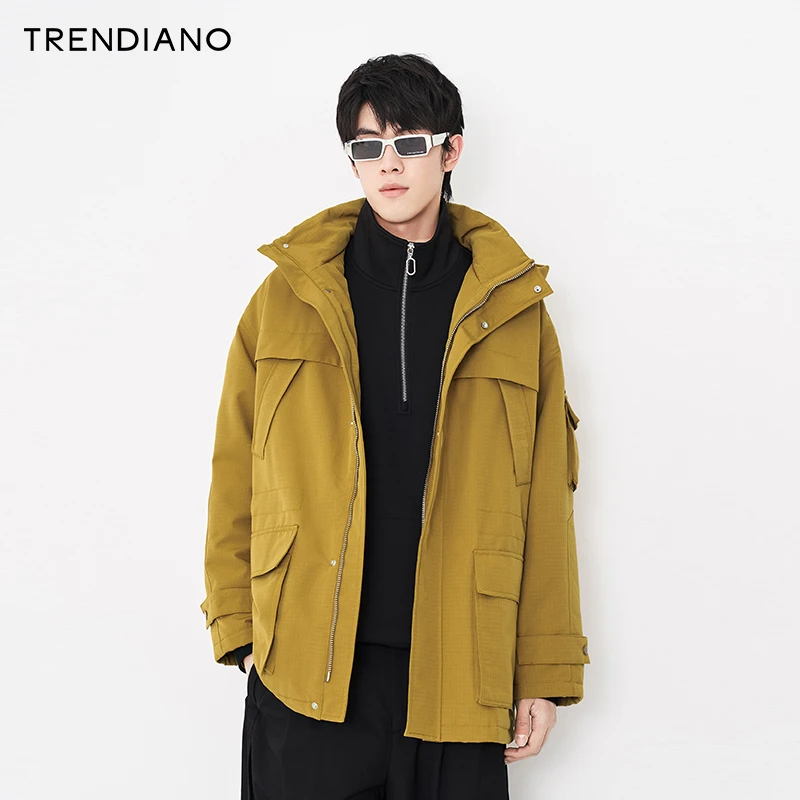 TRENDIANO官方潮牌秋季男装暗格多口袋连帽夹棉长黑色外套棉衣