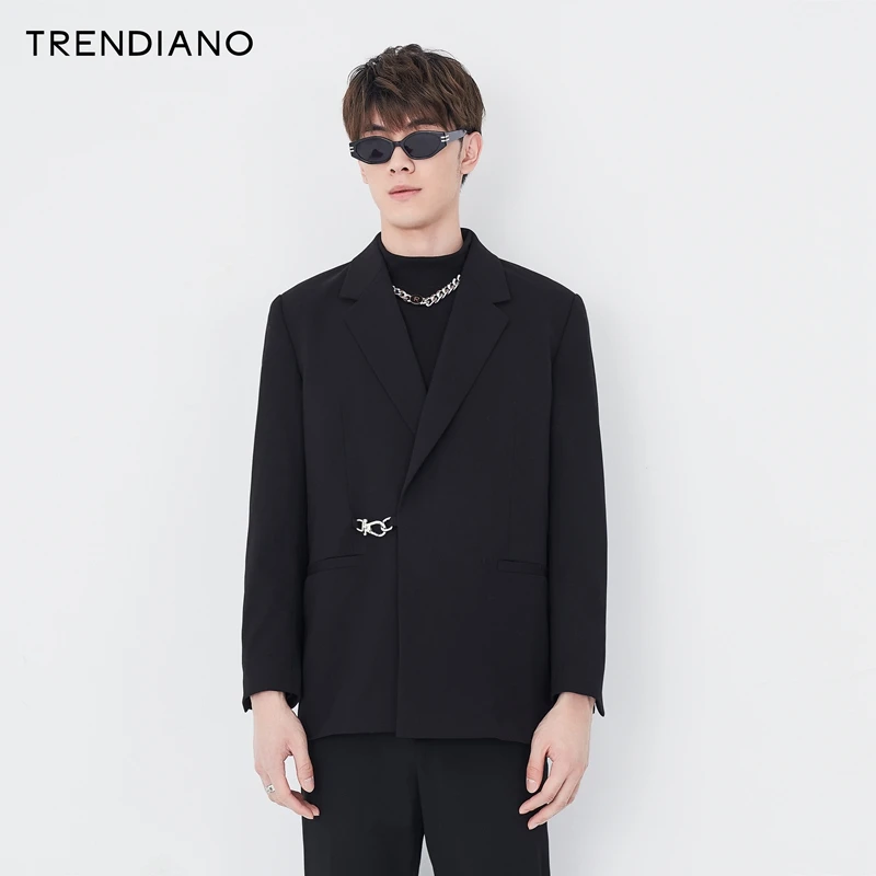 TRENDIANO官方男装潮牌简洁梭织黑色休闲西装外套西服男高级感