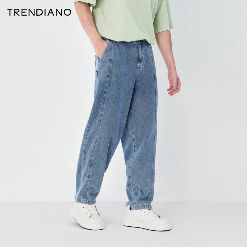 TRENDIANO官方2023新款秋季解构设计浅蓝锥形休闲牛仔长裤男潮
