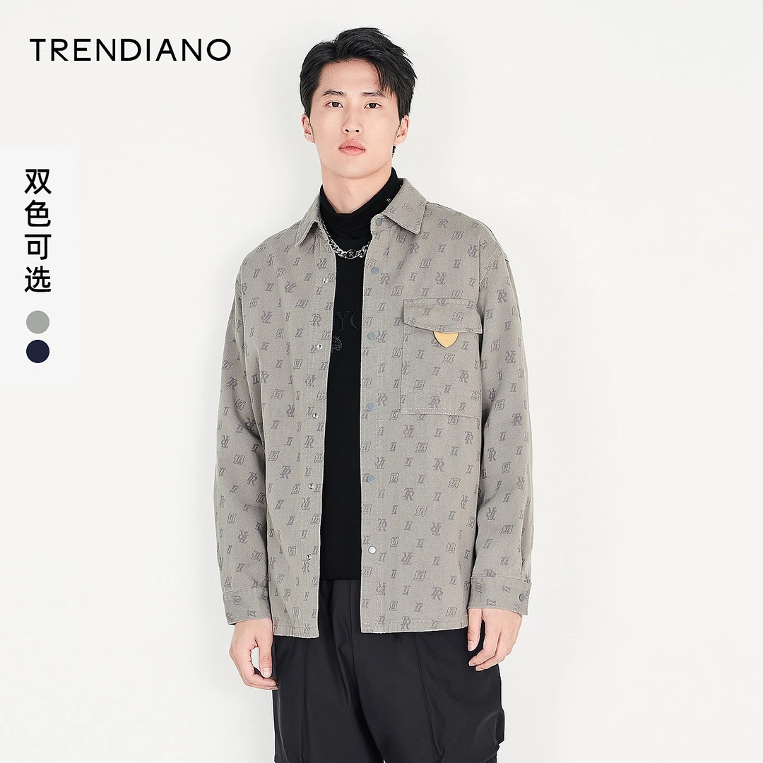 TRENDIANO官方男装秋季潮牌TR字母提花纯棉长袖衬衫外套男士上衣