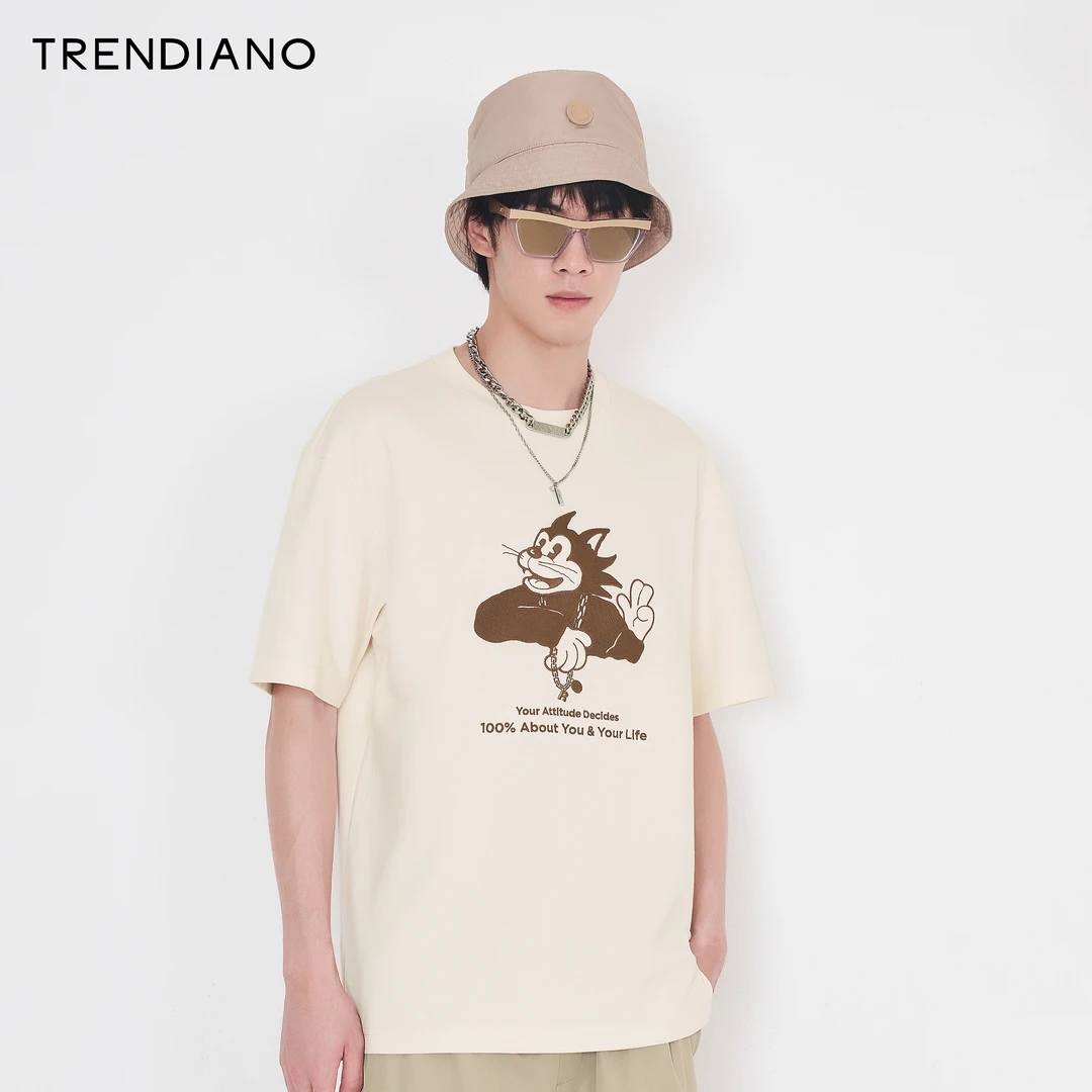 TRENDIANO官方潮牌男装时尚潮流日系复古立体卡通刺绣圆领短袖T恤
