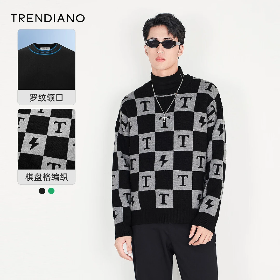 TRENDIANO官方男装冬季新款男士针织衫保暖黑白情侣拼接圆领毛衣