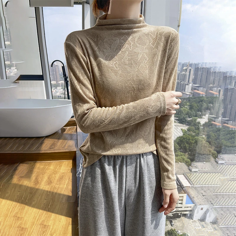 镂空提花简约长袖宽松精纺2024针织打底衫花型秋冬女士半高领打底