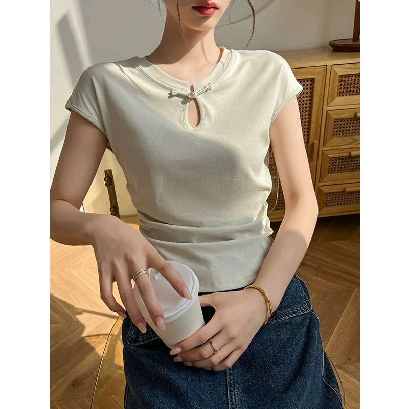 【C】9236#3新中式国风盘扣t恤女夏季新款小飞袖针织背心上衣VX2