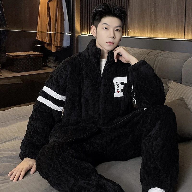 冬季男士睡衣立领拉链三层夹棉加厚加绒简约保暖珊瑚绒家居服套装