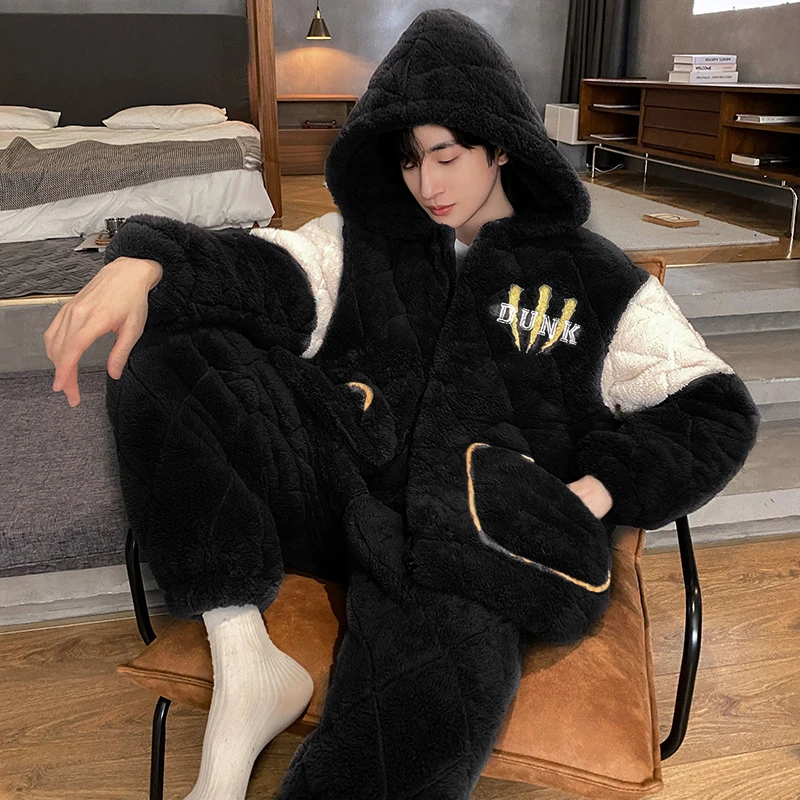 男士睡衣爪痕超厚棉袄冬季三层夹棉加厚加绒保暖珊瑚绒家居服套装