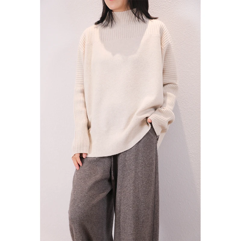 东雍 慵懒风复古休闲半高领加密加厚坑条提花羊绒针织毛衣套头衫