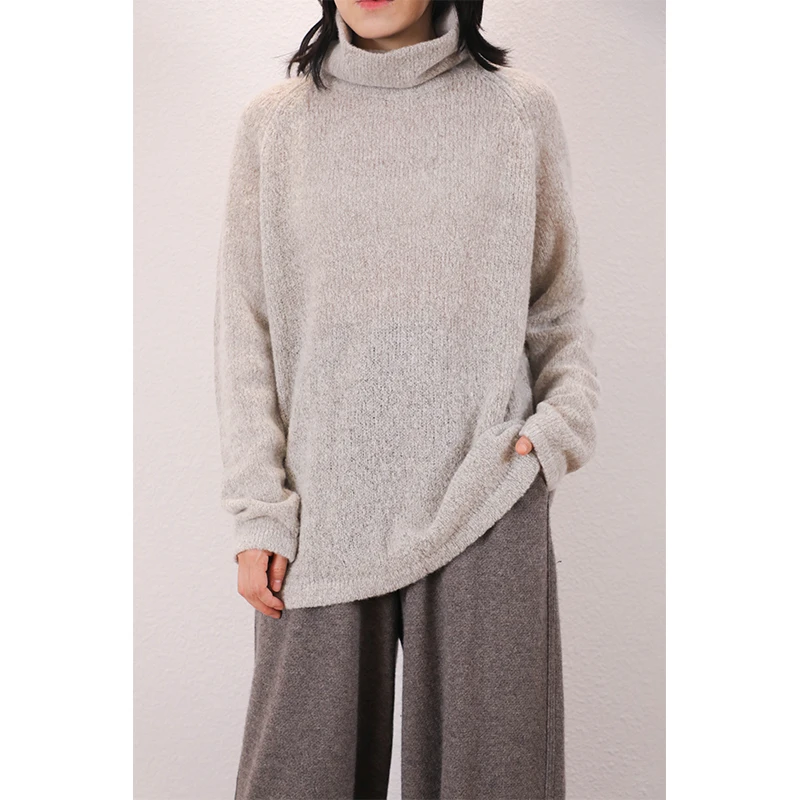 东雍 清水芙蓉 慵懒宽松高领手工捻搓花式纱羊绒针织毛衣套头衫