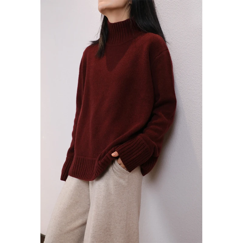 东雍 简约高领坑条加厚保暖女士下摆不对称羊绒针织毛衣套头衫