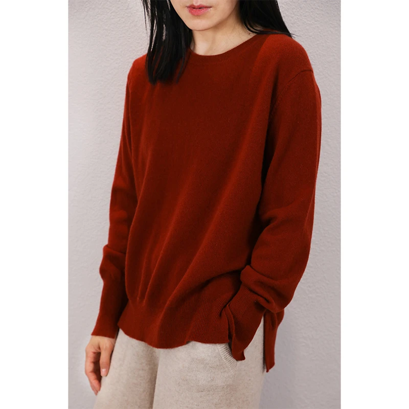 东雍 简约百搭休闲圆领开叉纯色基础羊绒针织毛衣打底衫套头衫