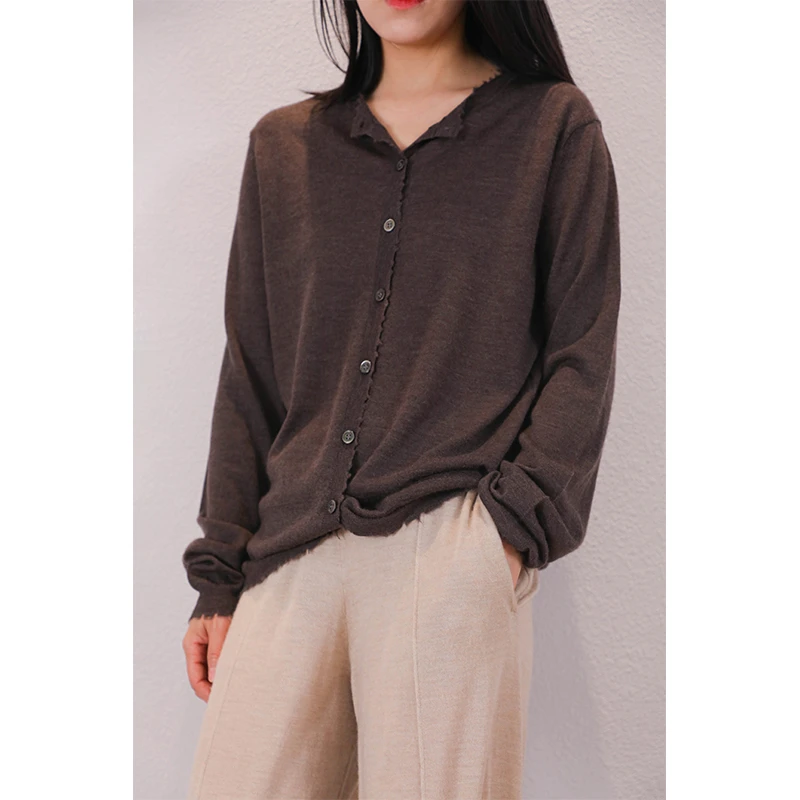 东雍 复古手工裁剪毛须边精纺圆领单排扣长袖羊绒针织开衫