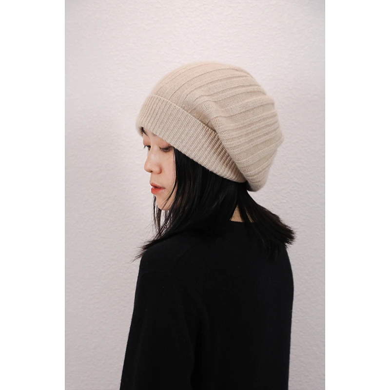 东雍 时髦百搭坑条加大加厚保暖羊绒针织毛线护耳堆堆瓜皮贝雷帽