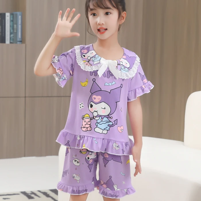 女童花边短袖睡衣夏季薄款卡通公主风韩版库洛小女孩中大童家居服